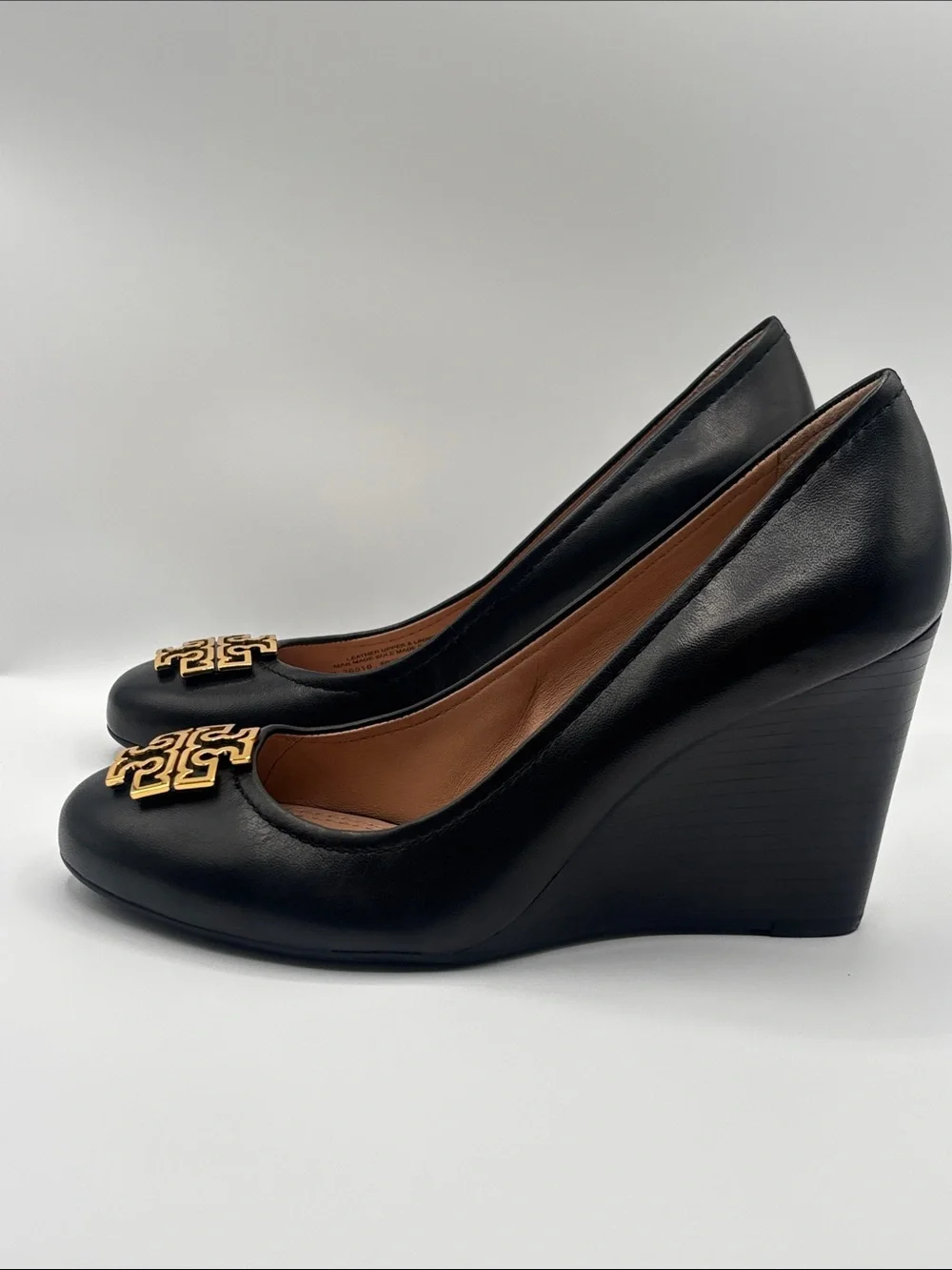 Tory Burch Black Leather Logo Wedges